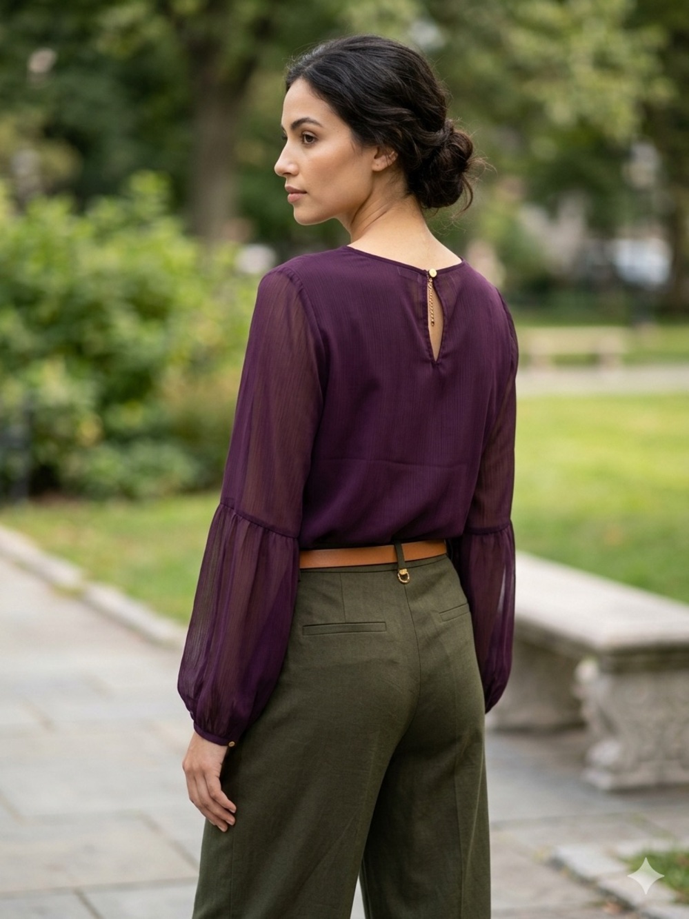 Fall Women's Long-Sleeve Sheer Sleeve Blouse in Plum